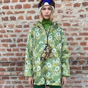 Zara Green Floral Puffer Hooded Jacket Size Medium/Large